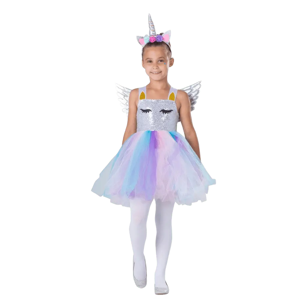 Unicorn Costume Dress For Kids - Sparkly Sequined Tutu Dress with Wings & Headband - Perfect for Halloween, Pretend Play Fun, Fantasy Theme Party & Cosplay
