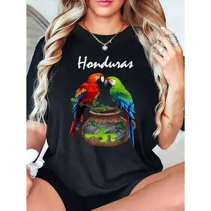 “Honduras” Parrots & Cultural Landscape Tee, Central American Heritage T - Shirt