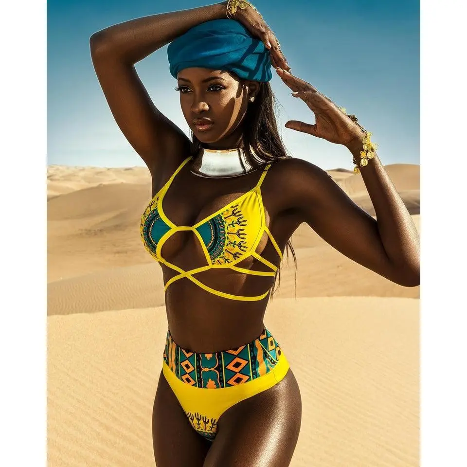 African Print Two-Pieces Bath Suits Bikini Set Sexy Geometric Swimwear Swimsuit Golden High Waist Swimming Suit