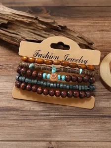 5pcs Men's Bohemian Style Multi-Layer Bracelets, Elastic Material, Wooden Beads and Artificial Turquoise, Casual Versatile Accessories for Daily Wear