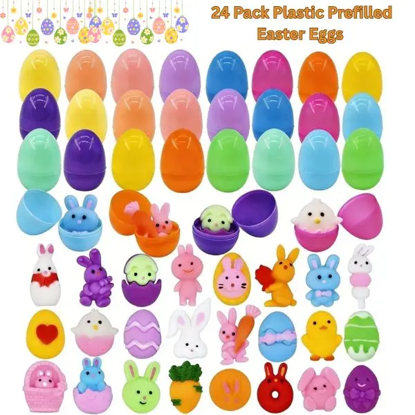 24-Pack BPA-Free Plastic Prefilled Easter Eggs with Mochi Squishy Capsule Toys, Unisex Easter Basket Stuffers, Party Favors for Kids