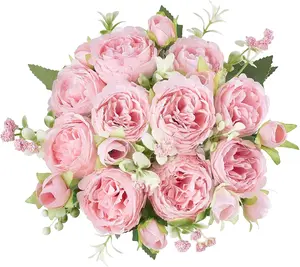Peonies & Tulips Artificial Flower Bouquet | Pink Silk Faux Flowers for Home, Kitchen, Wedding, Bridal & Party Décor – Small Floral Centerpiece for Indoor Table or Arrangement Display Decor Decorative