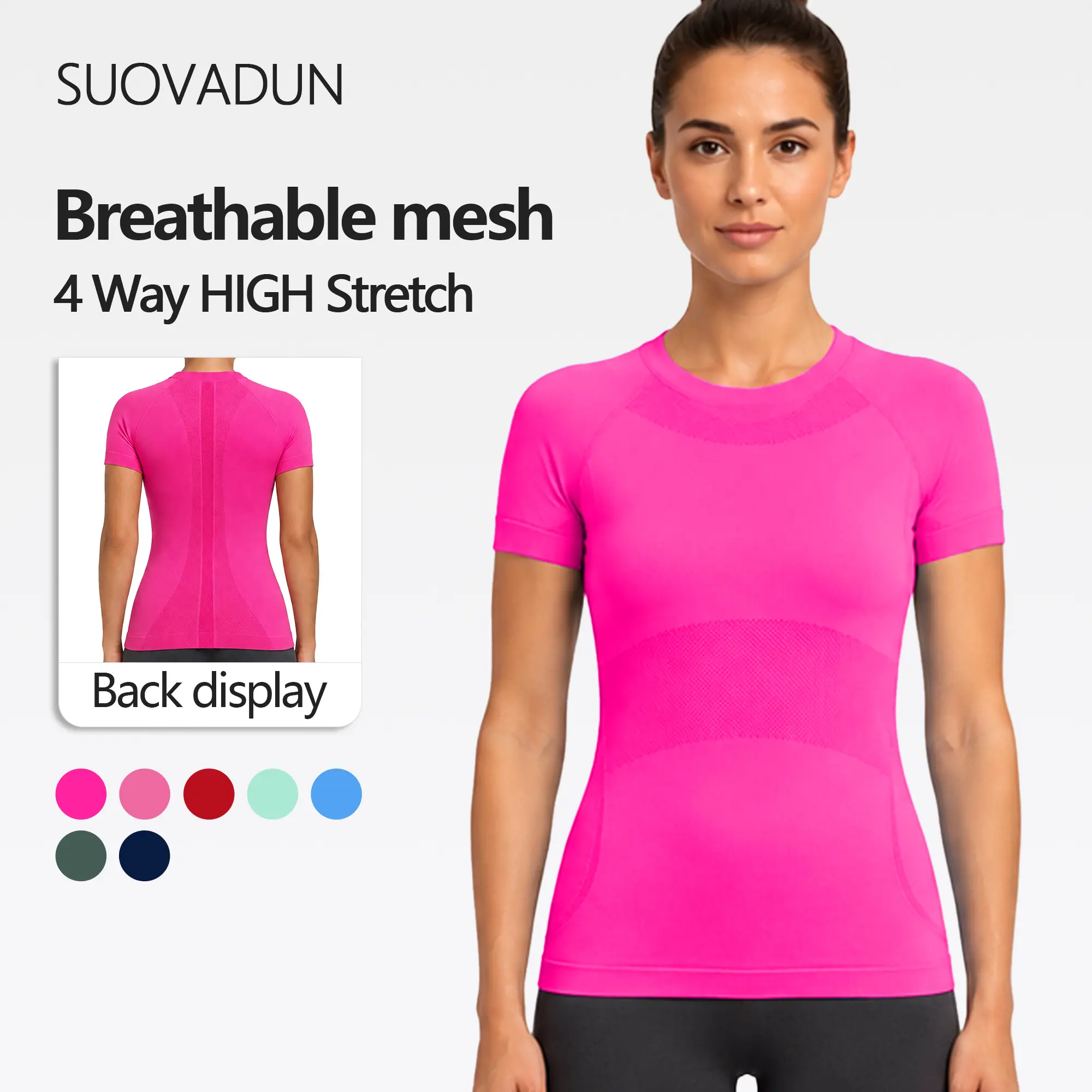 【LIVESTREAM ONLY】SUOVADUN 2302 Women’s Seamless Workout Top, Short Sleeve Breathable Yoga Shirt with Mesh Panels, Slim Fit Gym Activewear for Running & Fitness