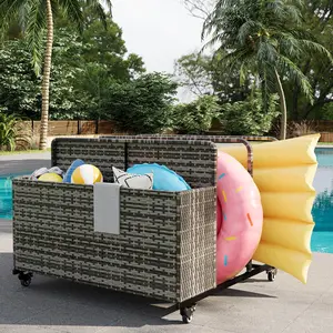 Pool Float Storage Organizer with Rolling Wheels, Outdoor Wicker Rattan Pool Caddy & Toy Storage Basket for Poolside, Patio & Deck, All-Weather PE Rattan Pool Caddy, 2 Open Compartments, Grey