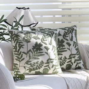 CANIRICA 2Pcs Green/Black Velvet Plant Embroidered Cushion Cover 18x18 Inch Boho Farmhouse Throw Pillow Covers for Home Decor Cozy Soft Couch Pillowcases with Invisible Zipper