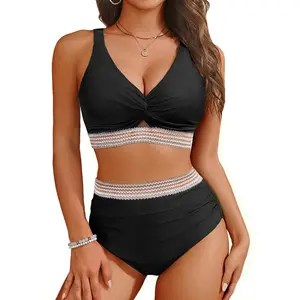 Yonique Women's High Waisted Bikini - Twist Front Two Piece Swimsuit Color Block Full Coverage Bathing Suit