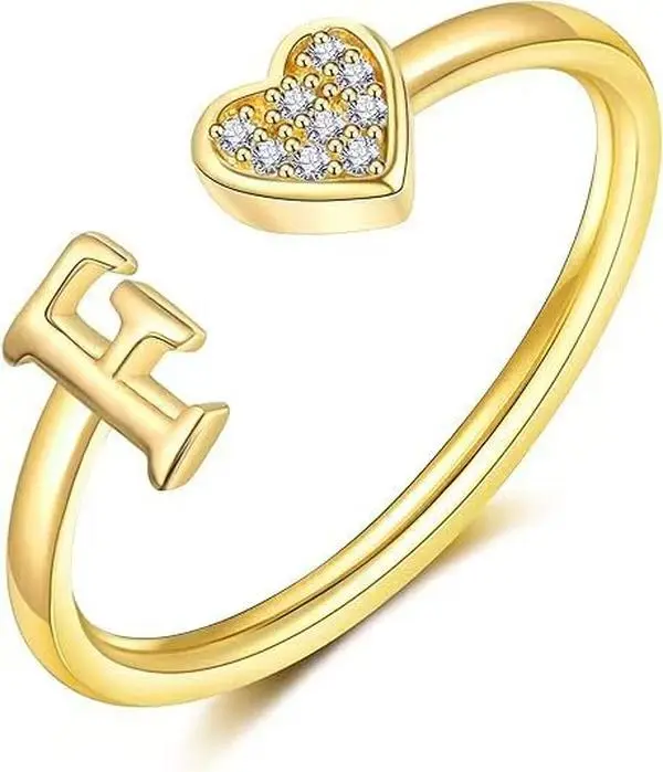 Minimalist Open Heart Initial Ring for Women, Personalized Copper Metal A-Z Letter Jewelry with an Easy-Adjust Band, Initial Rings, Custom Style Rings