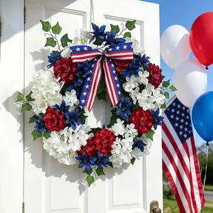 July 4th Patriotic Wreath, Blue Three-Color Door Wreath, Usa Independence Day Outdoor Decoration, Summer Wreath for Family Gatherings