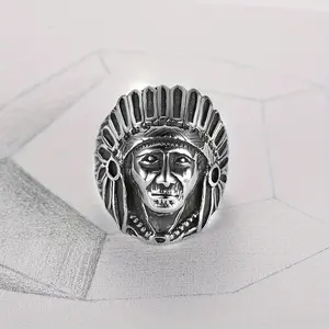 Vintage stainless steel metal Indian portrait men's ring ethnic style jewelry