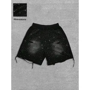 Men's Printed Rhinestone Decor Distressed Casual Shorts, Fitted Comfort for All Seasons, Trendy Kint Fabric Design