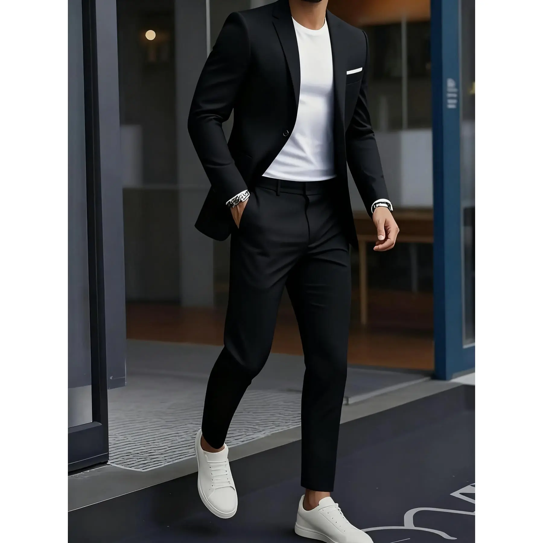 Men's Plain 2-Piece Formal Suit Set - Adjust-Fit, Body-Fit, Lapel Long-Sleeve Collared Jacket & Trousers, Ideal for Wedding, Party, Adjust-Fit Men's Suits, Body-Fit Men's Suits