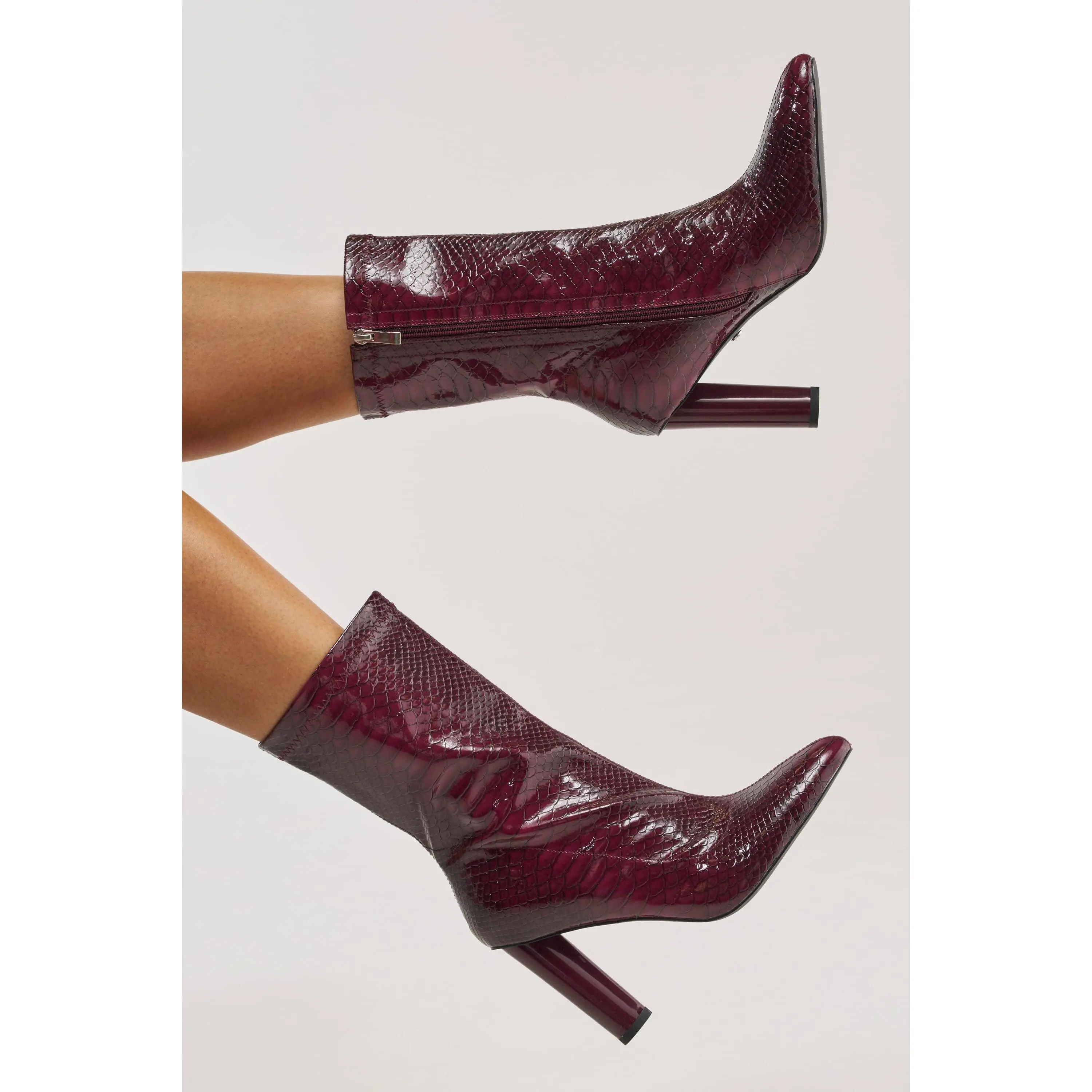 AZALEA WANG WINGROVE BURGUNDY CHUNKY HEEL CROCODILE BOOTIE