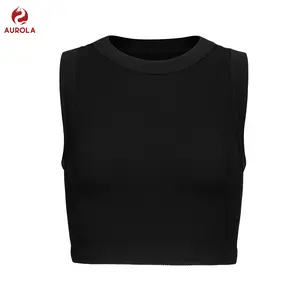 AUROLA Essentials Rib Seamless Sleeveless Tank for Women Subtle Logo Round Neck Active Workout Crop Tops