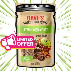 Caramel Apple Toffee - Dave's Sweet Tooth Small Batch 1/4lb Pouch - Soft & Crunchy Chocolate Almond Toffee