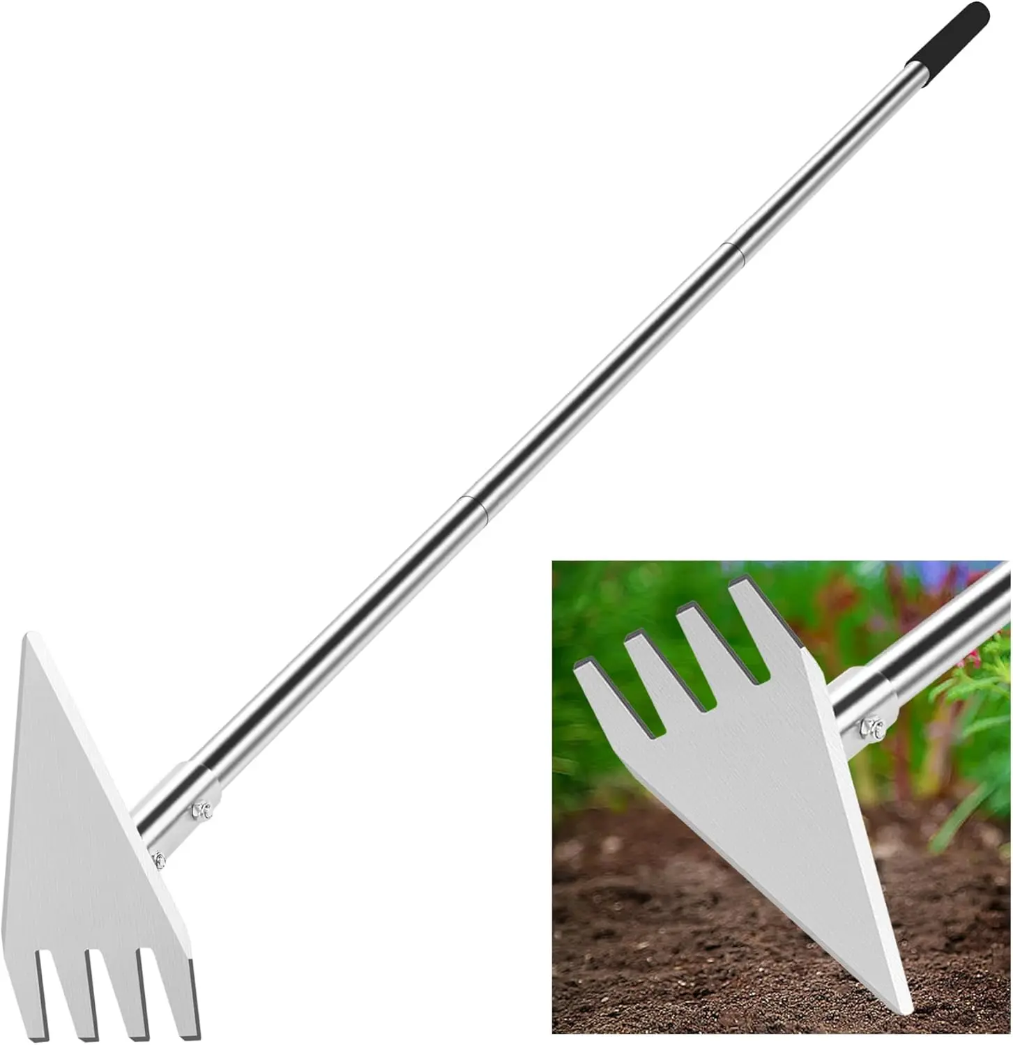 Hoe Garden Tool, 2in1 Garden Hoe & Weed Rake, 29.5"57.7" Adjustable Long Handle, Stainless Steel Cultivator for Weeding, Digging, Loosening Soil, Planting & Root Removal