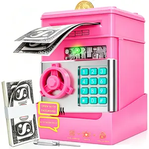 Pink Electronic ATM Piggy Bank, Password Safe with Auto Cash Scroll, Coin & Bill Saving Box, Best Birthday Gift for Boys & Girls Ages 3-10