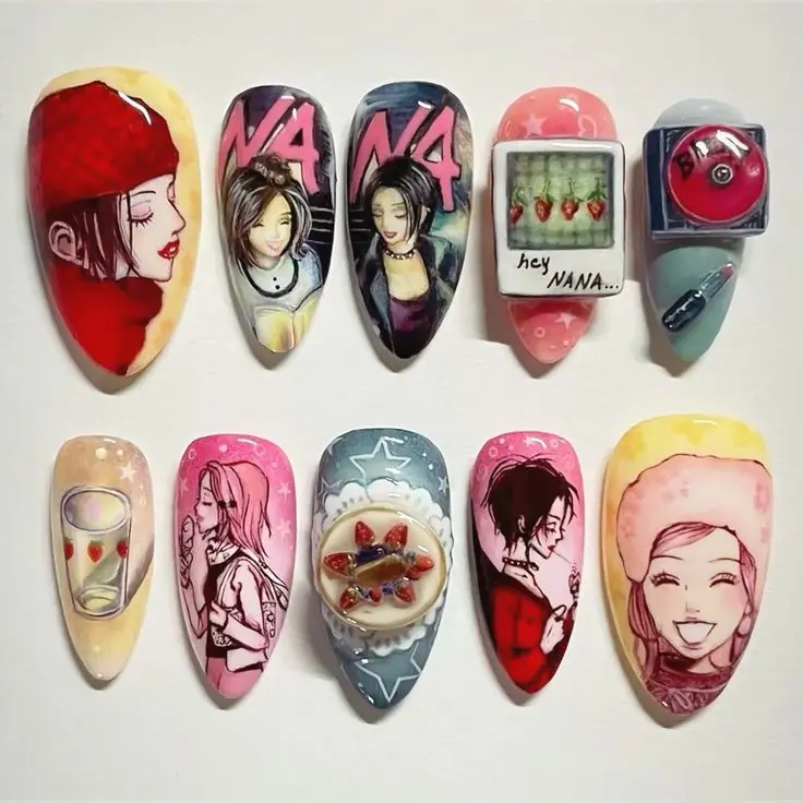 Punk Romance Handmade Press On Nails Nana | 3D Alternative Manga Inspired Nail Art | Reusable Rock Chic Gel False Nails with Gift Set (Adhesive Tabs, Nail File, Cuticle Stick) | Reusable Fake Nails