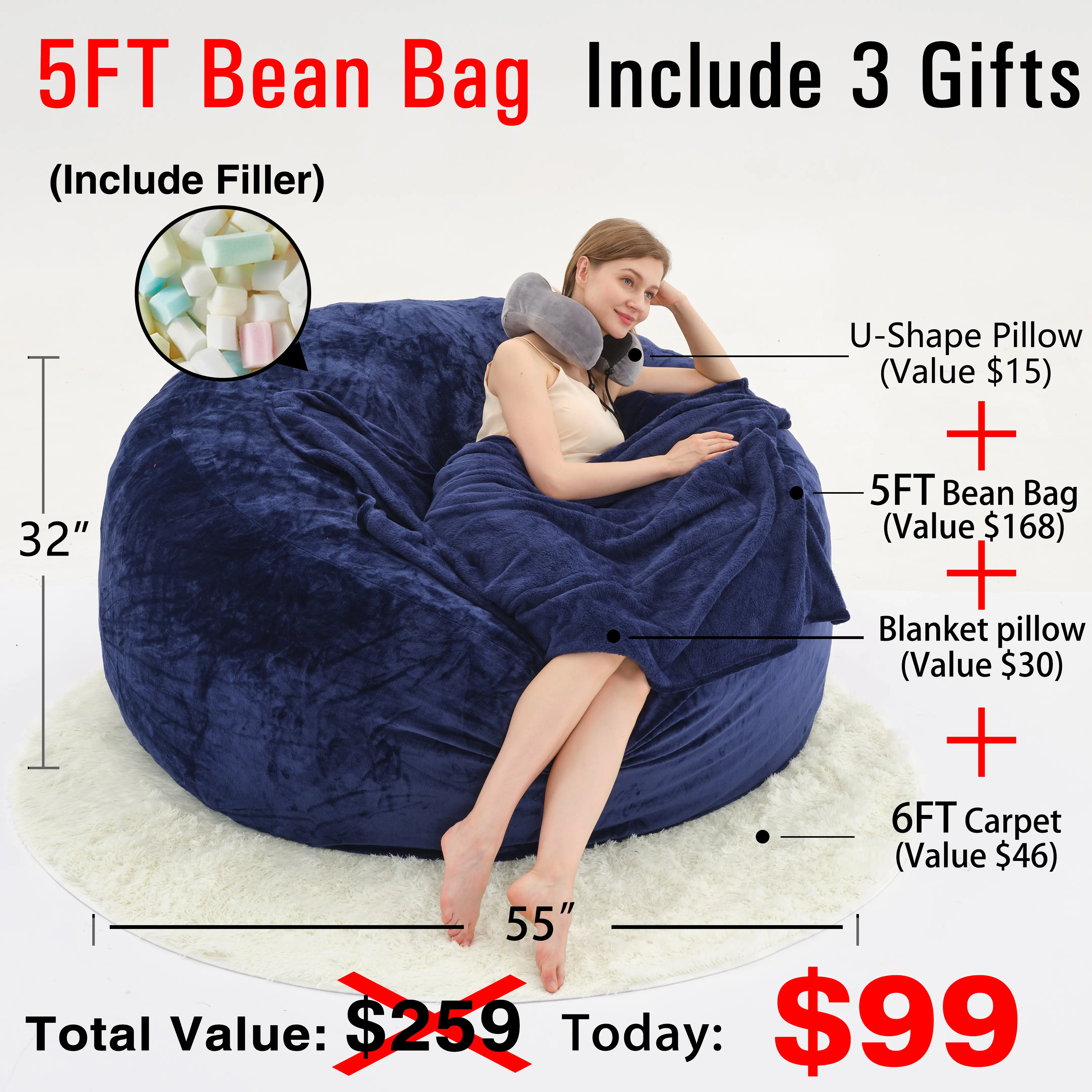 5FT Blue(Cover Filler U-pillow Blanket Carpet)