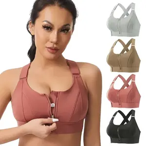 Women Sports Bra Front Fastening High Impact Zip Front Post Surgery Running Yoga Bras Crop Top with Adjustable Straps