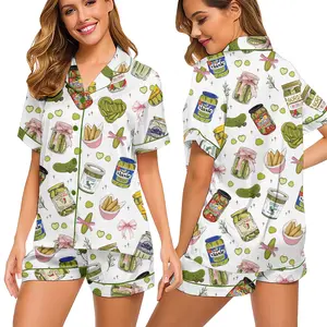 Satin Pickle Print Pajama Set Button Down Sleepwear Lounge Set, Short Sleeve Satin Pajamas, Summer Sleepwear Set, Pajama Sets Women, Comfortable Sleeping Clothes, cute novelty pickle print loungewear, funny aesthetic pajamas, gift for her