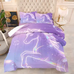 Dreamy Neon Unicorn Comforter Set, 1 Comforter & 1-2 Pillowcases No Core, Laser Gradient Hair, Bubble and Starlight Elements Design, Comfortable Warmth, Dreamy Sweet Bedroom Decor, Gift Choice