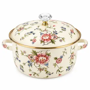 Vintage Floral Enamel Pot with Gold Rim & Crystal Lid Knob, Large Capacity Cooking Pot for Family Soup Stew Cookware Kitchen
