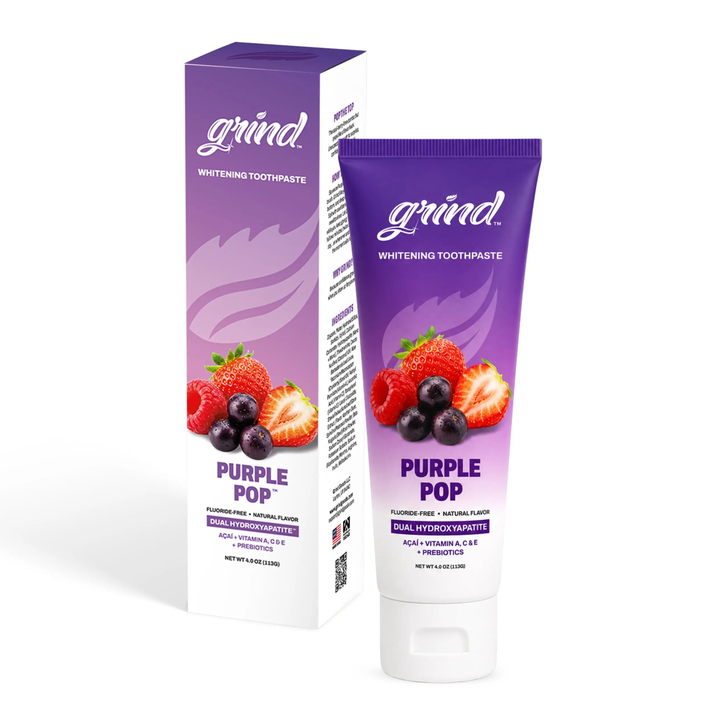 Grind Purple Pop Fluoride-Free Cosmetic Daily Oral Care Toothpaste with Dual Micro-Nano Hydroxyapatite Whitening, Acai Berry Lime Flavor, Gentle for Sensitive Teeth, Vitamins-Infused, 4 oz, 24-Month Shelf Life