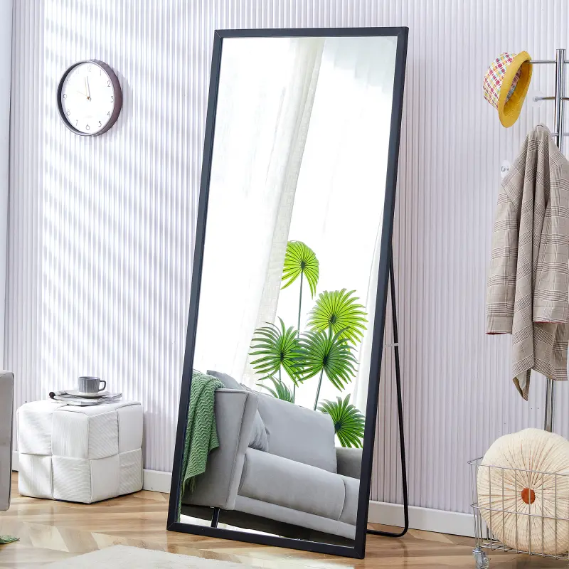 High end and high-quality,Full body mirror, floor mirror,Fourth generation black solid wood frame full-length mirror, dressing mirror, bedroom porch, decorative mirror, clothing store, floor standing large mirror, wall mounted. 71 "* 31.5" Glass Hanging