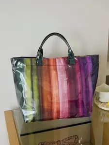 Casual retro rainbow stripe tote bag, lightweight handbag, simple and spacious daily commuter portable bag