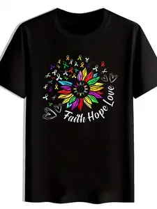 Men's Faith Hope Love Ribbon Printed T-Shirt-Charity Ribbon Design, Soft Cotton Comfortable Short Sleeve Round Neck Casual Dress for Survivor, Easter, Halloween, Thanksgiving Gift, Unisex Charity Costume, Martin Luther K