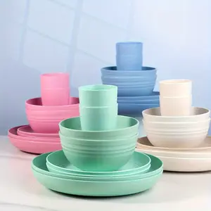 32 Pieces Wheat Straw Tableware, Microwave Dishwasher Safe, 8 Pieces Unbreakable Light Plate Service, Reusable Tableware Suit, Multi-Color Suit Includes 16 Pieces Plates, 8 Pieces Bowls, 8 Pieces Cups Cutlery