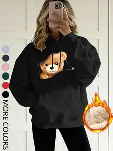 New Creative Cartoon Animal Bear Print Women's Sport Hoodie, Fleece Lined Thickened, Casual Comfortable Daily Wear, Fall & Winter