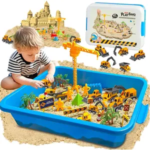 Construction Sensory Bin with Lid, Play Sand Kit for Boys with 2.2lbs Magic Sand & 5 Construction Trucks, Sensory Construction Toys for 3 4 5 6 7 8+ Year Old Boy Birthday Gift Christmas
