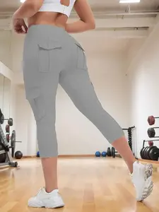 Women's Solid Color Pocket Capri Leggings, Casual Comfy Breathable Skinny Pants for Yoga Gym Workout, Ladies Bottoms for Summer, Breathable Athletic Bottoms