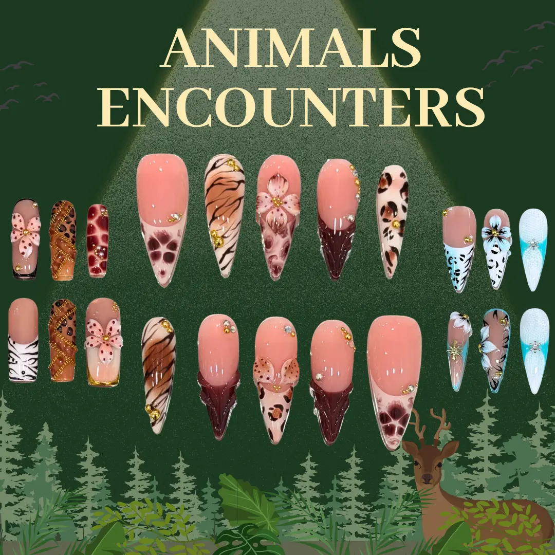 NailVesta ANIMALS ENCOUNTERS COLLECTION – 100% Handcrafted 3D Press-On Nails | Reusable, Long-Lasting, Salon-Quality