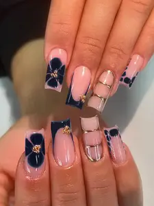 24pcs Y2K Rectangular Flower Nail Stickers To Enhance Your Fashion Style! This French Acrylic Press-On Nail Set Includes 1 Jelly Gel And 1 Nail File,  Suitable For Summer And French Manicure, Suitable For Daily Work, Parties And Other