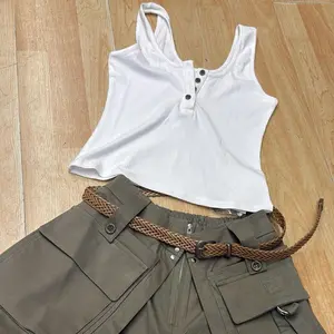 Mimi Set - White Tank Top with Olive Green Cargo Pants & Braided Belt for Casual Wear