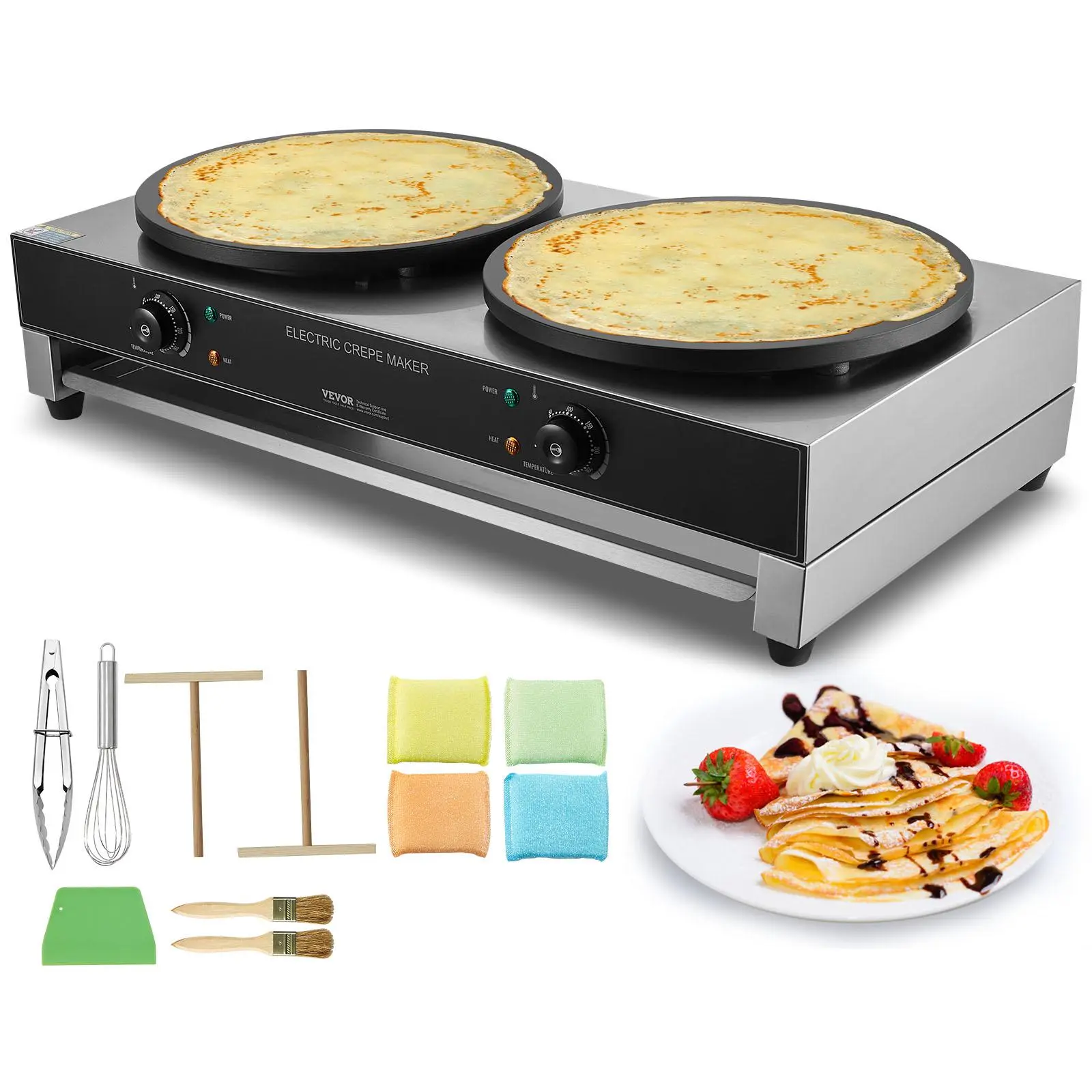 【summerfinds】VEVOR Electric Crepe Maker, 16-Inch Double Head Commercial Crepe Machine, 3400W Flat Plate Crepe Griddle, Nonstick Stainless Steel Pancake Making, Desktop Circular Cereals Pancake Stove, Temp Control