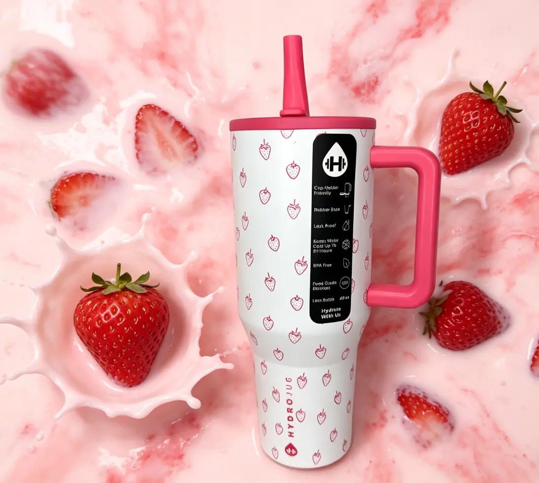 HydroJug 40oz Insulated Stainless Steel Water Bottle - Cute Pink Strawberry Print Traveler Tumbler, Leak-Proof, Cup Holder Friendly, with Handle & Straw, Water Bottles