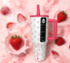 HydroJug 40oz Traveler Tumbler - Cute Pink Strawberry Print, Insulated Stainless Steel Water Bottle with Handle & Straw, Leak-Proof & Cup Holder Friendly