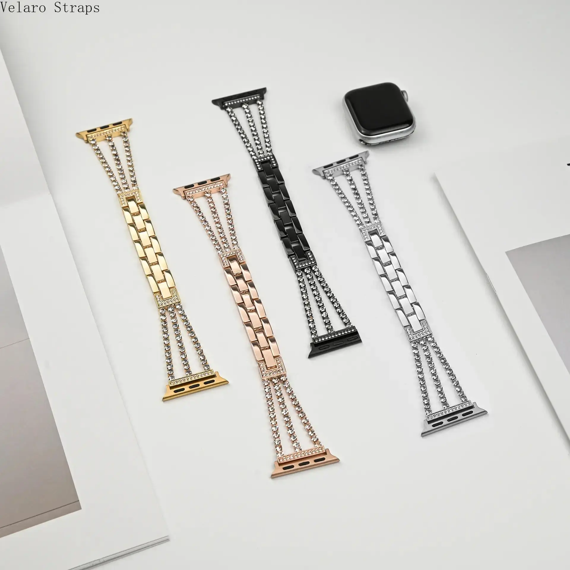 3-Row Diamond-Encrusted Metal Apple Watch Band for Women, Elegant Sparkling Bracelet Strap Compatible with Series 5/6/7/8/9/SE (38–49mm)
