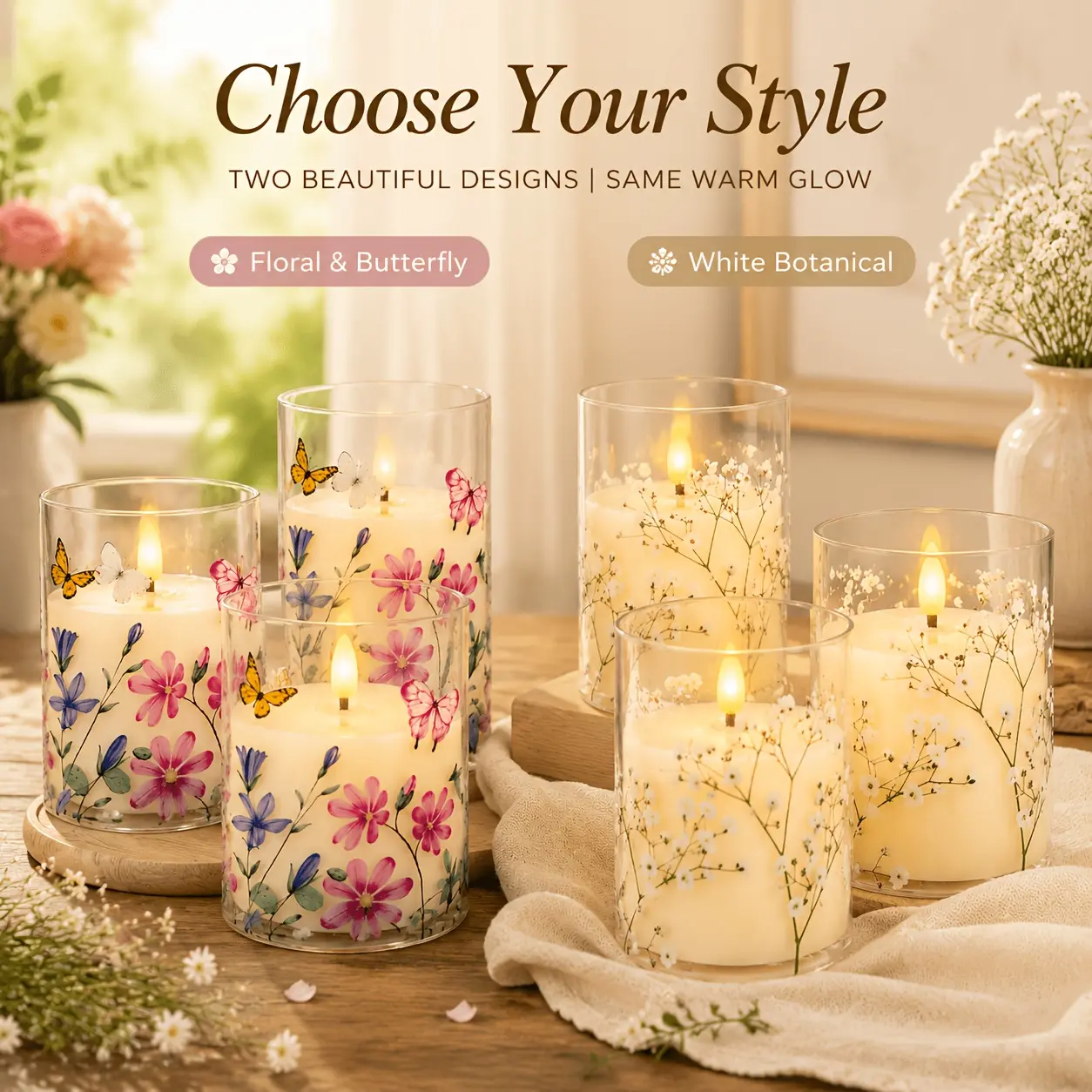 LED Flameless Candles Set of 3, Battery Operated Decorative Candle Lights with Realistic Flickering Flame And Floral Botanical Design, Warm White Candle Decor for Home, Table Centerpiece, Fireplace, Bedroom, And Holiday Decoration