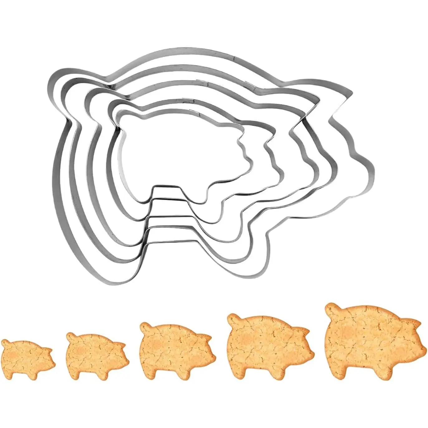 Stainless Steel 5-Piece Pig Cookie Cutters & Concha Bread Mold - Kitchen Bakeware, Baking Supplies, Utensils for Conchas, Pan Dulce, Holiday Gifts (5 Sizes, Max 4.1 in, Dishwasher-Safe for DIY Projects)