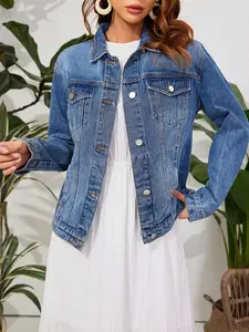 Classic Washed Blue Notch Lapel Casual Long Sleeve Denim Jacket for Women, Versatile Loose Fit, All-Season Fashion Outerwear