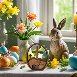 Easter Scene Decoration Wooden Craft Ornament, Home Garden Cross Stand Decor, Easter Wood Artisanal Display Piece, Home Decor Accessory