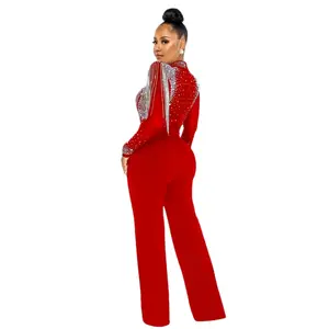 woman fashion Sexy Jumpsuit solid high collar  Mehs shoulder long sleeve jumpsuit stretch comfortable red Size large. Blue size Small Xl and 2X