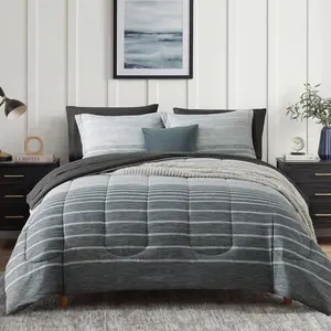 Monbix Full Size Comforter Set - 7 Pieces Bed in a Bag Full, Grey-Stripe Bedding Sets, All Seasons Comforter Bed Set with Sheets, Pillowcases & Shams