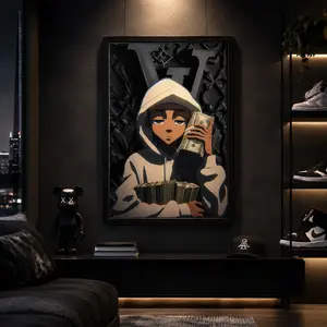 Riley Freeman's money-themed canvas wall art "A Stack of Cash" is the ultimate masculine space decoration for hip-hop and anime enthusiasts, and also a perfect choice for modern rooms.,Canvas Poster Wall Decor, Room Decorations, Funky Home Decor