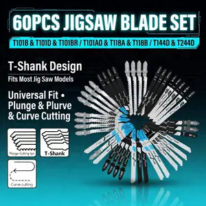 60 Pcs T-Shank Jigsaw Blades Set | Combination Saw Blade Kit for Wood Plastic Metal Cutting | Heavy Duty Multi-Material Scroll Saw Blades with Storage Case