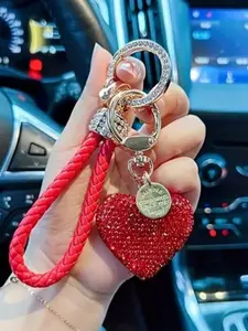 Rhinestone Heart Rope Bag Pendants, Braided Leather Bag Chain Charms, Crystal-Encrusted Bag Charm Pendants, Luxurious Bag Decoration Keychain, Sparkling Bag Pendant for Car Keys & Handbags, Perfect for Fashionable Women & Gift-Giving, Sparkly Bag Charm